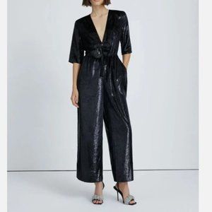 7 FOR ALL MANKIND  Deep V Wide Leg Jumpsuit Black Shine Velvet - Size L